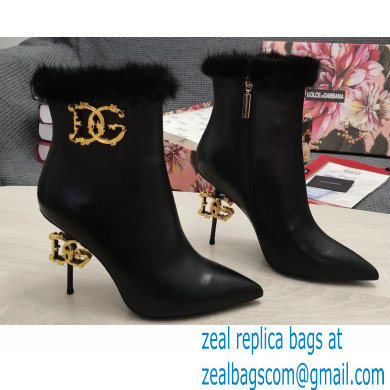 Dolce & Gabbana Mink Fur Thin Heel 10.5cm Leather Ankle Boots Black with Baroque DG Heel 2021 - Click Image to Close